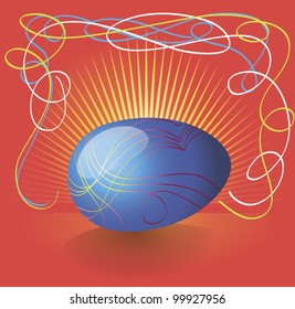The bright blue Easter egg on a red background of the holiday