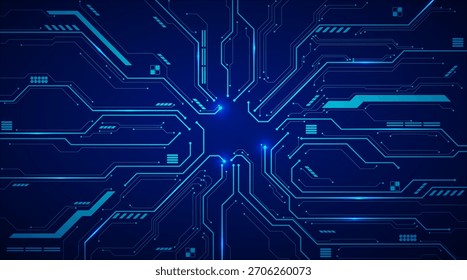 Hellblaues Leiterplattenlayout mit beleuchteten Schaltkreisen. Ideal für fortgeschrittene technische Hintergrundthemen.