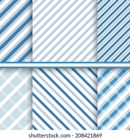 Bright blue elegant diagonal stripes - set of seamless patterns