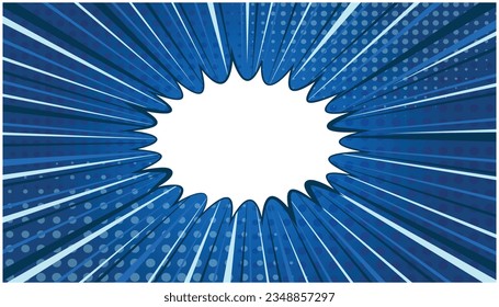 Bright blue exploding retro comic background with halftone shadow and circle of dark and light stripes. Dark and light backdrop with bubble for comics book, advertising design, poster, print