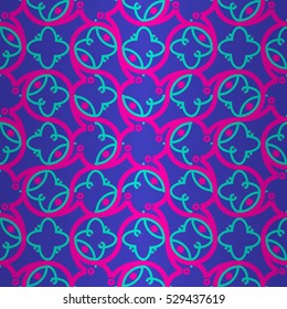 Bright blue fancy seamless pattern background in labyrinth style. Shining, symmetrical design for banner, carpet, ads or other purpose. Contemporary decor. Flat tessellated repeatable backdrop.