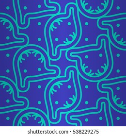 Bright blue fancy seamless pattern in maze style. Tangled tessellated repeatable backdrop. Vector background. Colored, contrast design for ads, surface, curtain or other purpose.
