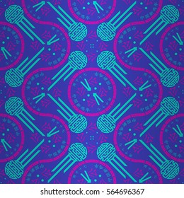 Bright blue fancy seamless pattern in eastern style. Clean tessellated repeatable backdrop. Hieroglyph translation: Chinese New Year of the Rooster 2017