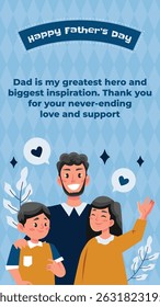 The bright blue “Happy Father's Day” card features a smiling father with his two children, argyle motifs, and balloon hearts, celebrating a father's boundless love and support.