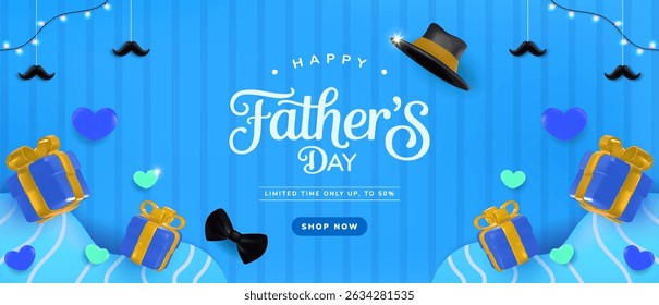 Bright blue Fathers Day banner featuring hat, bow tie, gifts, and heart shapes, promoting festive spirit.
