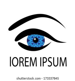 bright blue female eye and eyebrow on white background