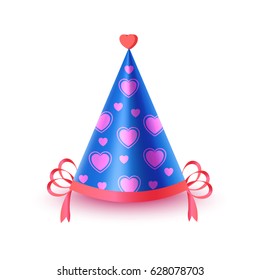 Bright blue festive cap with pink hearts and ribbon isolated on white background. Holiday headgear for festive mood and having fun. Dress up for celebration.
