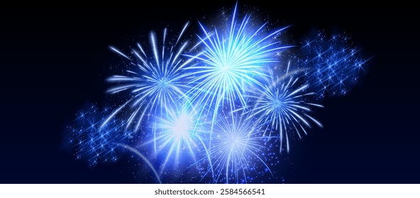 Bright blue firework explosions with sparkling stars - multiple firecracker bursts radiating in night sky. Realistic 3D luminous light effect composition on dark background for festive event design.