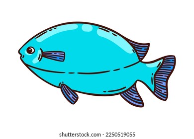 Bright blue fish, hand drawn vector illustration. Restaurant sea food menu graphic item isolated over white.