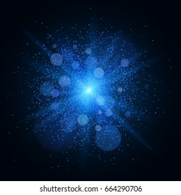 A bright blue flash with magical dust is isolated on a black background. Flash, highlight for your project. Footage for photos and video. Vector illustration. EPS 10