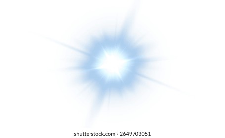Bright blue flash with soft glow and glare isolated on white background. Vector light effect