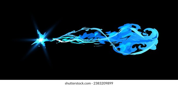 Bright blue flash and trace game effect flat style, vector illustration isolated on black background. Decorative UI design element for interface, abstract energy flow
