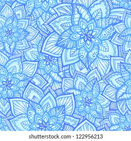 Bright blue floral seamless pattern with doodle flowers, vector illustration