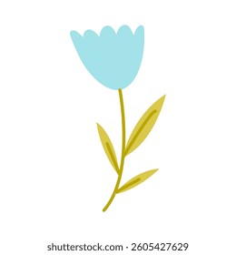 Bright blue flower with green leaves against a white background welcoming spring's arrival in a minimalist style