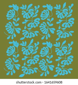 Bright blue flower partern arranged in a green background