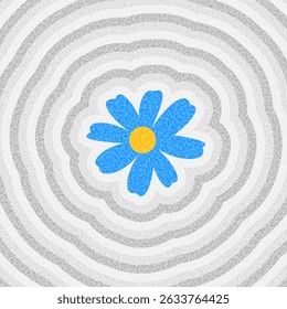 Bright blue flower with yellow center over soft grayscale rings. Vector illustration.