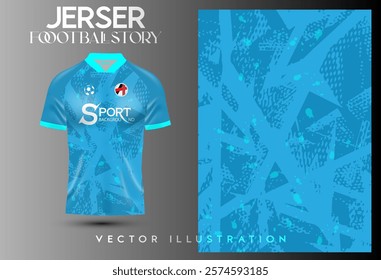 The bright blue football shirt, combined with the light blue tone, has an intricate graphic pattern consisting of unique lines and shapes, adding interest.