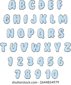 Bright blue funky cartoon alphabet letters and numbers icon set, back to school background, multicolor kids education design, black contour line