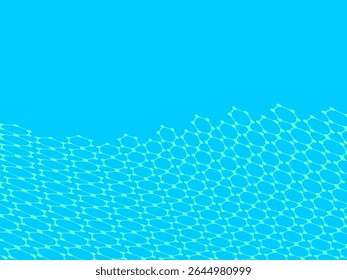Bright blue futuristic hexagonal pattern background connected with dots on a bright blue background, creating a wavy digital texture.