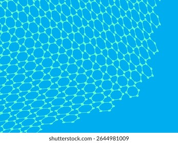 Bright blue futuristic hexagonal pattern background connected with dots on a bright blue background, creating a wavy digital texture.