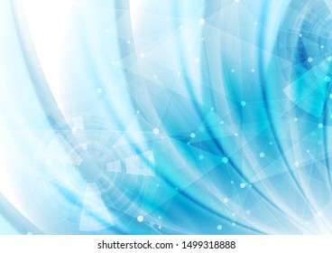 Bright blue futuristic technology abstract background with low poly plexus shapes and HUD gears. Vector modern design