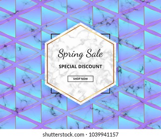 Bright blue geometric design with marble texture background. Modern spring sale cover. Template for designs banner, card, flyer, invitation, party, birthday, wedding, placard, magazine, web
