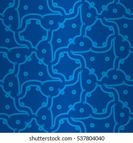 Bright blue geometric seamless pattern in alien style. Complex puzzle repeatable backdrop. Vivid, graphical design for curtain, game, textile or other purpose.