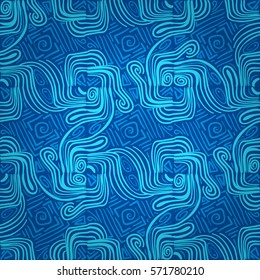 Bright blue geometric seamless pattern in fractal style. Vector background.