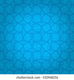 Bright blue geometrical seamless pattern background in liner style. Plain puzzle repeatable backdrop. Colored, graphic design for banner, fabric, curtain or other purpose.
