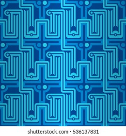 Bright blue geometrical seamless pattern in labyrinth style. Colored, graphical design for game, surface, carpet or other purpose. Vector background.