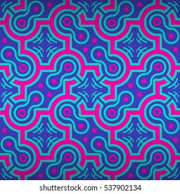Bright blue geometrical seamless pattern in technology style. Flat tessellated repeatable backdrop. Vector background. Bright, contrast design for packing-paper, curtain, surface or other purpose.