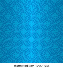Bright blue geometrical seamless pattern in alien style. Colorful, symmetric design for packing-paper, fabric, game or other purpose.
