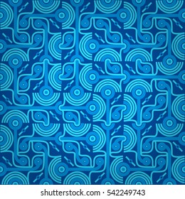 Bright blue geometrical seamless pattern in constructionism style. Intricate tessellated repeatable backdrop. Bright, contrast design for wallpaper, ads, web or other purpose. Contemporary tracery.