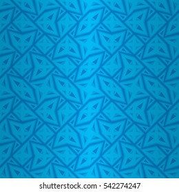 Bright blue geometrical seamless pattern in primitive style. Smooth mosaic repeatable backdrop. Vivid, symmetric design for curtain, fabric, game or other purpose.