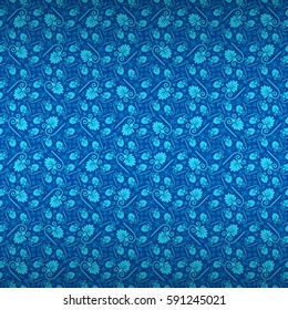 Bright blue geometrical seamless pattern in grape leaves style.