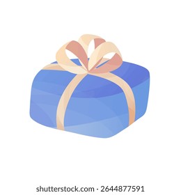 A bright blue gift box decorated with a gold ribbon with a bow. Flat vector illustration of a present with soft gradients. Perfect for birthday design, party invitations, prints, and festive decor.