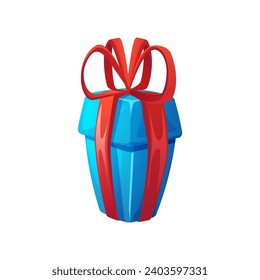 Caja de regalo azul brillante con cinta roja y estilo plano de arco, ilustración vectorial aislada en fondo blanco. Elemento de diseño decorativo para juego online, signo de bonificación, recompensa