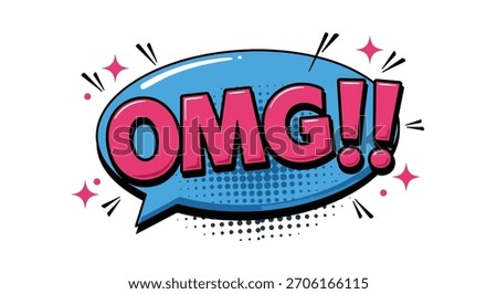 A bright blue, glossy speech bubble in a comic book style, featuring the text "OMG!!" in bold pink letters with a red outline.