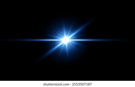 Bright blue glow of sun reflection, glow vector realistic illustration . Shining beam of bright blue light.  Dazzling starburst, Star glitter with shimmering highlights on black background .