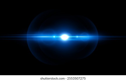 Bright blue glow of sun reflection, glow vector realistic illustration . Shining beam of bright blue light.  Dazzling starburst, Star glitter with shimmering highlights on black background .