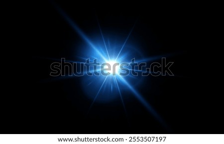 Bright blue glow of sun reflection, glow vector realistic illustration . Shining beam of bright blue light.  Dazzling starburst, Star glitter with shimmering highlights on black background .