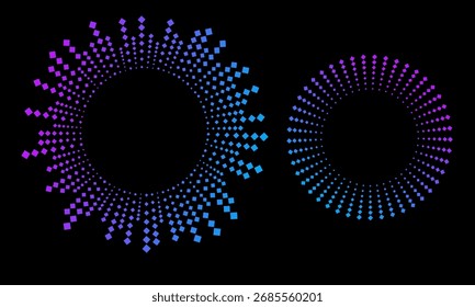 Círculos brillantes azules brillantes forman un fondo abstracto. Iconos de ecualizador de sonido con líneas y puntos, marcos de ondas de sonido circulares de neón degradado