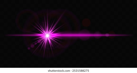 Bright blue glowing light burst with rainbow lens flare on a black background, creating a dynamic and futuristic effect. Lens flare, star light effect, reflection