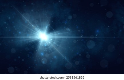 Bright blue glowing light effect. Glowing light rays effect. Star glare with shimmering shine. Beautiful shimmering light glare. Vector 10 EPS