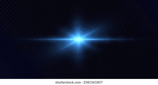 Bright blue glowing light effect. Glowing light rays effect. Star glare with shimmering shine. Beautiful shimmering light glare. Vector 10 EPS