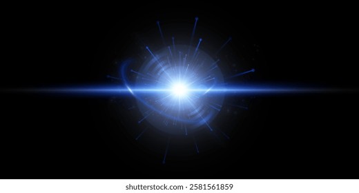 Bright blue glowing light effect. Glowing light rays effect. Star glare with shimmering shine. Beautiful shimmering light glare. Vector 10 EPS