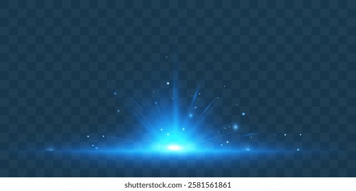 Bright blue glowing light effect. Glowing light rays effect. Star glare with shimmering shine. Beautiful shimmering light glare. Vector 10 EPS