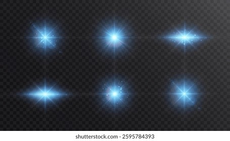 Bright blue glowing light effect. Glowing light rays effect. Star glare with shimmering shine. Beautiful shimmering light glare. Vector 10 EPS	