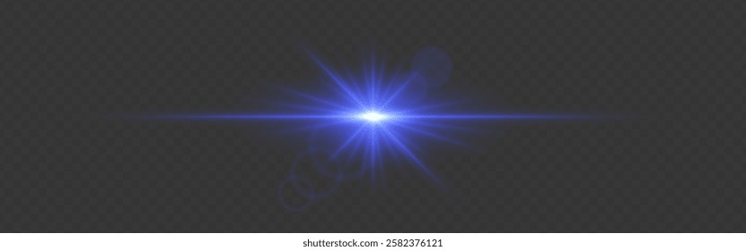 Bright blue glowing light flare with horizontal lens flare effect. Transparent background. Abstract digital illumination for design and overlay effects