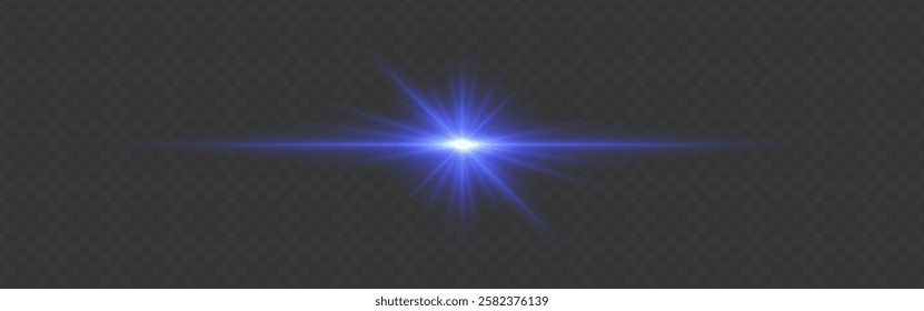 Bright blue glowing light flare with horizontal lens flare effect. Transparent background. Abstract digital illumination for design and overlay effects